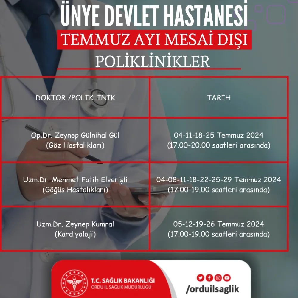 ÜNYE DEVLET HASTANESİN’DE MESAİ DIŞI POLİKLİKLER BAŞLADI