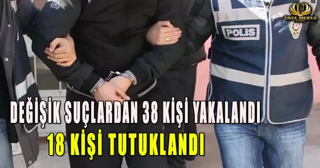 DEĞİŞİK SUÇLARDAN 38 KİŞİ YAKALANDI 18 KİŞİ TUTUKLANDI